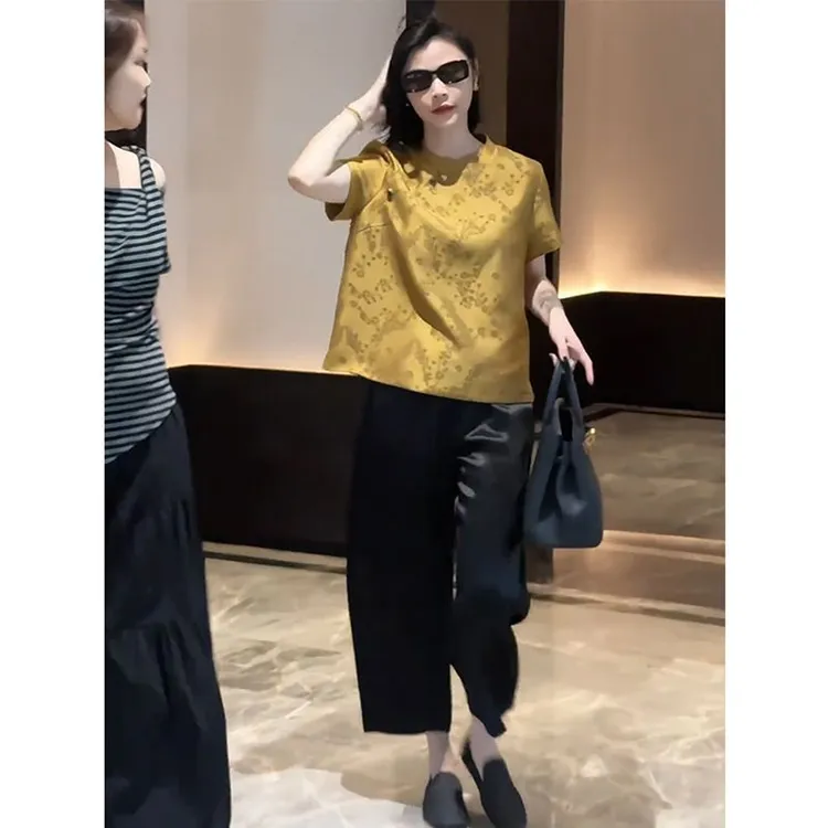 欧洲站2025夏季新中式国风百搭显瘦短袖上衣高腰纯色休闲裤两件套