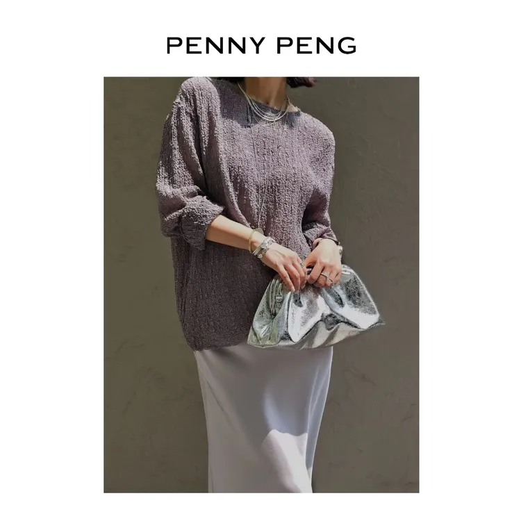 PENNYPENG静述时光洋气千金品质出行通勤灰色圆领褶皱套头衫