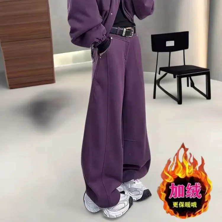 加绒加厚多巴胺紫色阔腿休闲裤女冬季大码胖mm高腰宽松显瘦弯刀裤