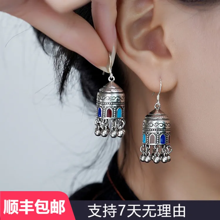 A79足银999耳钩气质复古国风烧蓝手工百搭小众耳饰