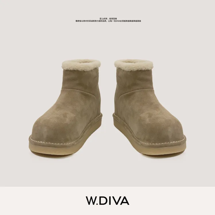 W.Diva【质感咖】冬季复古森系厚底内增高牛反绒皮雪地靴54X103196