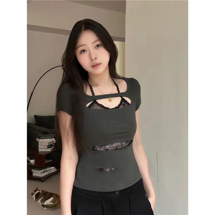 1*1莫代尔纯欲蕾丝挂脖假两件短袖T恤女夏修身显瘦收腰镂空短款上