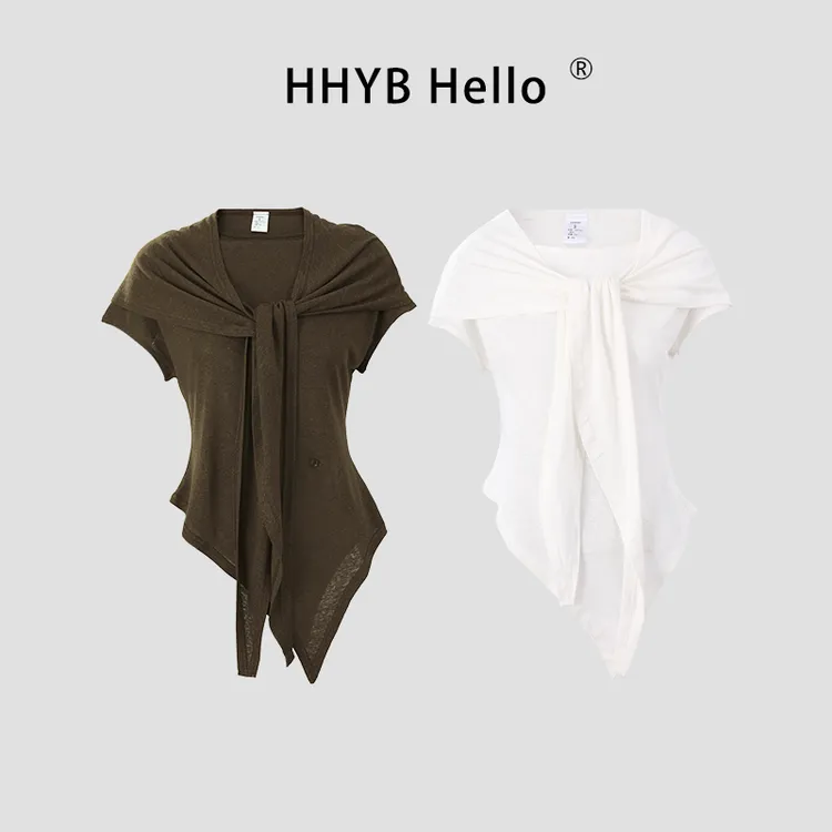 HHYB Hello2025新款麻棉两件套披肩套装女气质开衫T恤250649套装