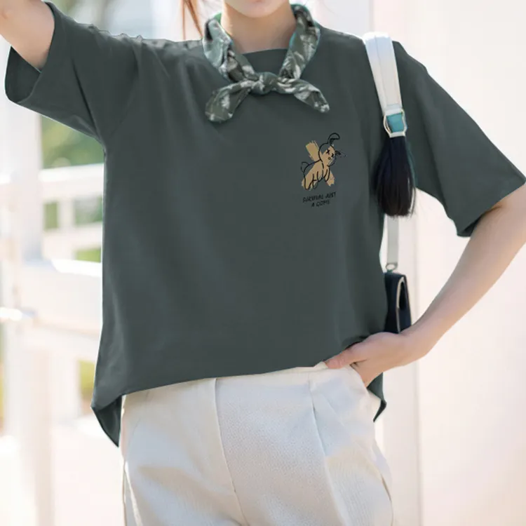 夏季时尚洋气设计感小众上衣兔子印花半袖260g重磅纯棉t恤女短袖