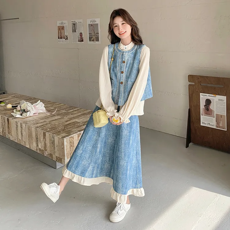 扎染水洗牛仔套装裙女2025春秋新款森系复古文艺范马甲衬衫半身裙