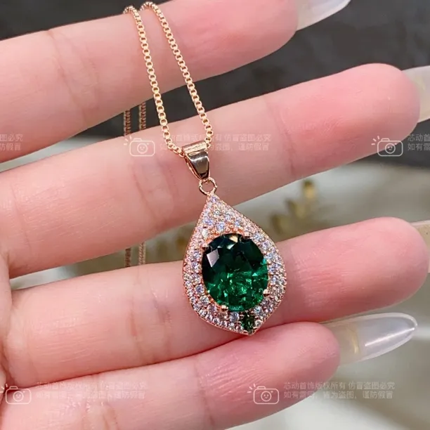 新品吊坠【桃夭】10×12mm祖绿色镶嵌时尚轻奢项链k4360