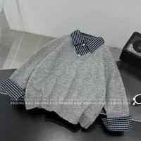 【小首尔】秋装儿童韩版格纹假两件休闲宽松套头圆领毛衣SJ6094