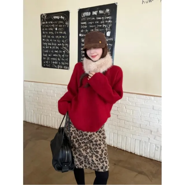 【氛围女神】红色气质长袖毛衣女冬季显瘦百搭显白宽松针织毛衣