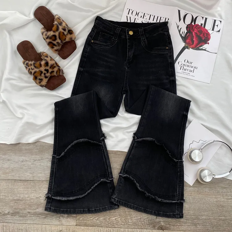 黑灰色毛边微喇叭牛仔裤女2025冬季加绒加厚新款小个子高腰马蹄裤