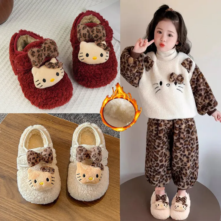 女童加绒保暖毛毛鞋2025冬季新款豹纹小猫韩版防滑宝宝软底棉鞋潮