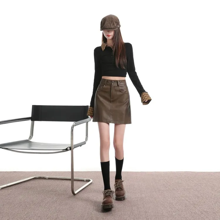 复古辣妹百搭水洗半身皮短裙秋冬新款a字 pu小皮裙女2332