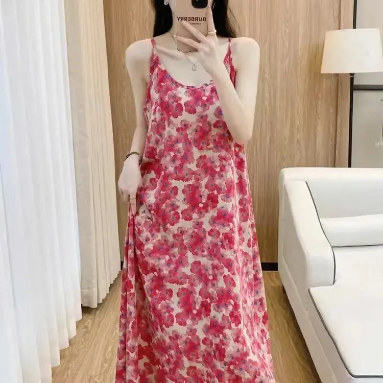 花乐集夏季新款碎花中长款吊带连衣裙气质时尚印花无袖连衣裙子