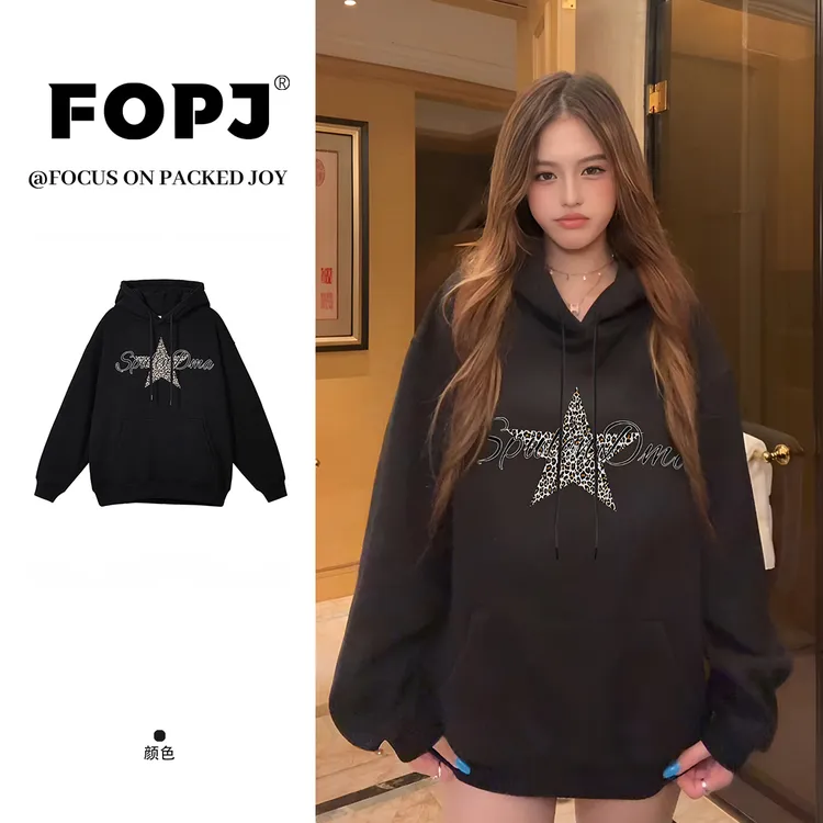 FOPJ早秋款星星字母印花卫衣连帽衫女设计感加绒加厚小众外套上衣