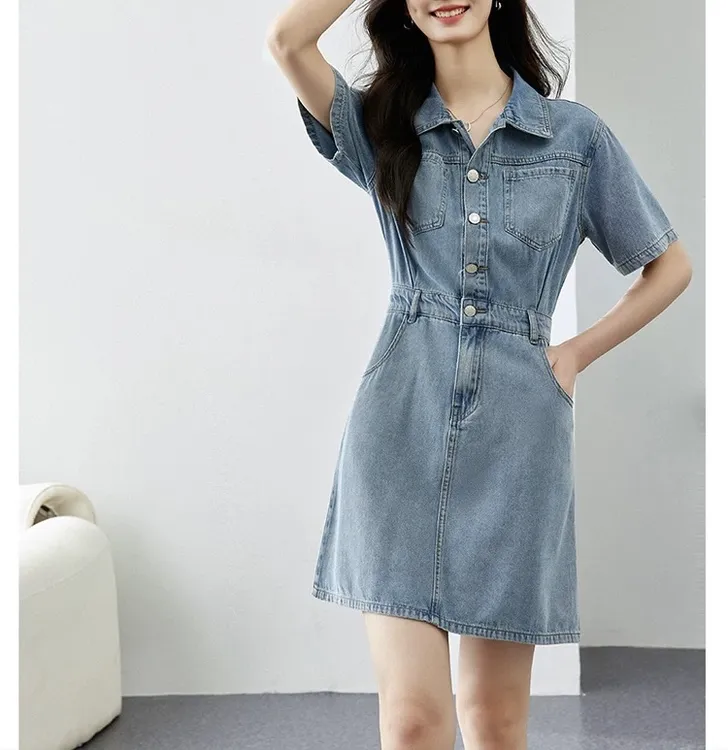 116 百搭显瘦复古气质短袖牛仔连衣裙（不含腰带）（A25）