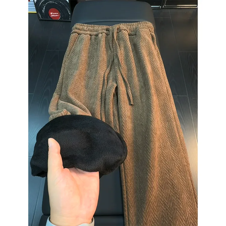 美拉德咖色人字纹休闲裤男秋冬加绒美式复古垂感裤子阔腿针织卫裤