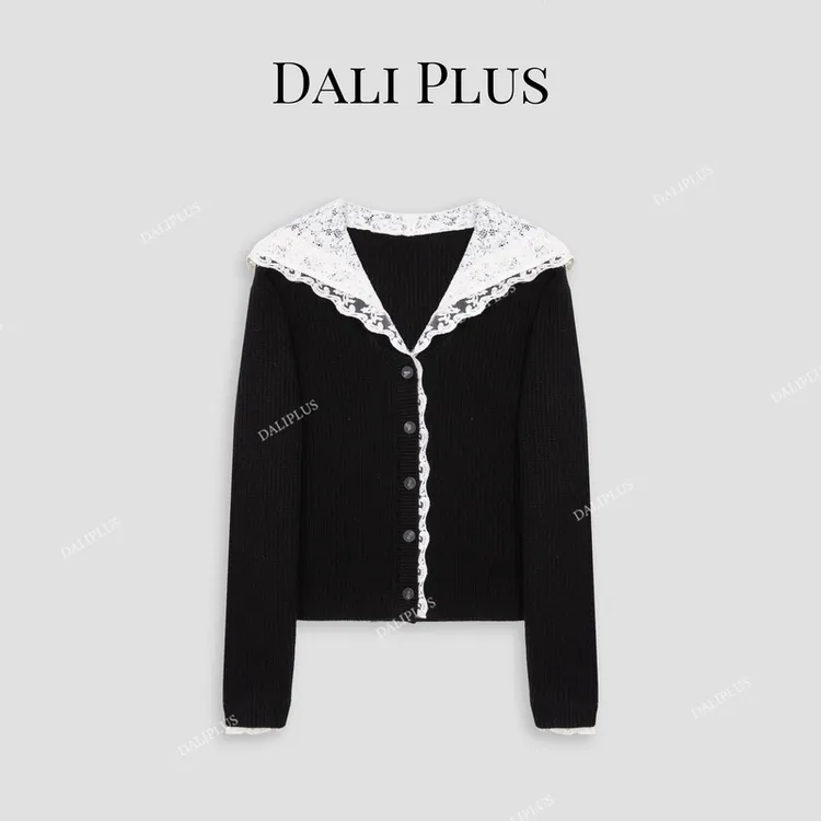 DALI PLUS重磅100%绵羊毛 精致蕾丝拼接针织帽衫-D4CK0093