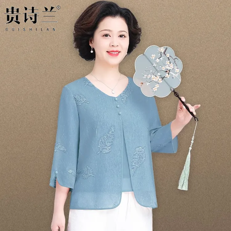 中年妈妈夏装宽松休闲套装2025新款中老年女夏季洋气国风小衫上衣