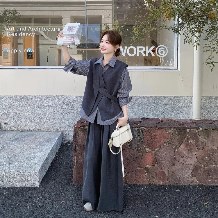 不规则马甲条纹衬衫阔腿裤套装女秋季大码胖mm慵懒风三件套遮肚子