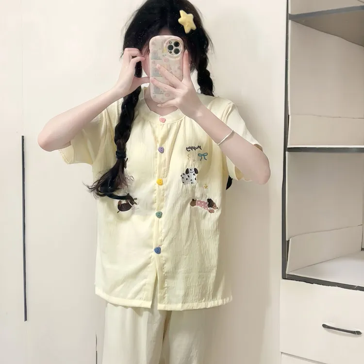 三件套睡衣女夏季学生浅黄腊肠狗带胸垫短袖云朵棉外穿家居服套装