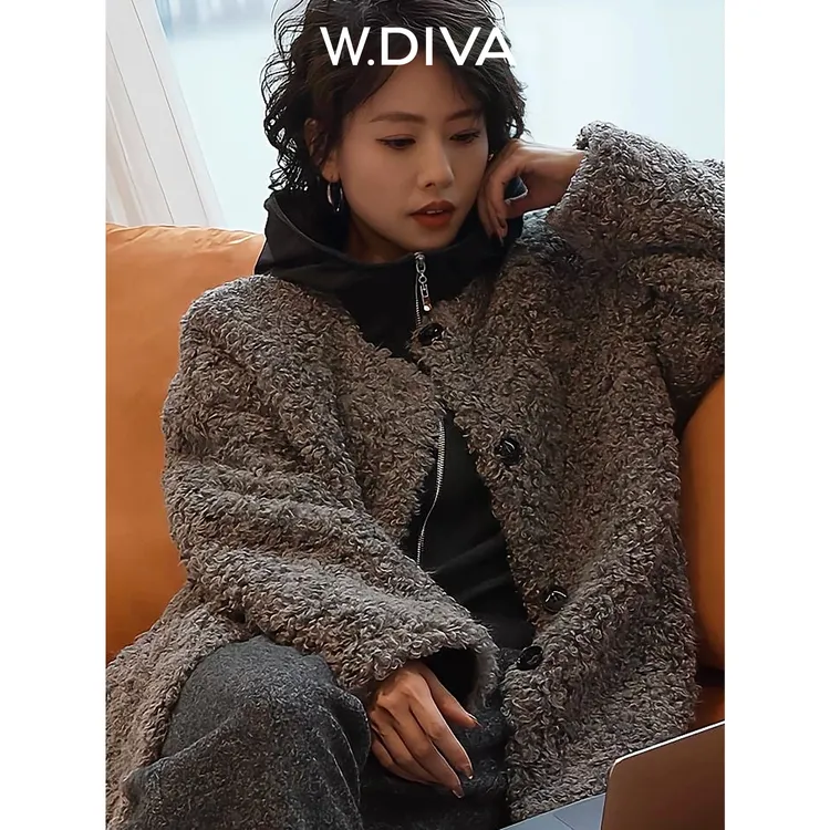 W.Diva【雨蝶】灰色慵懒风洋气时尚H版型加厚保暖毛毛外套34C251093