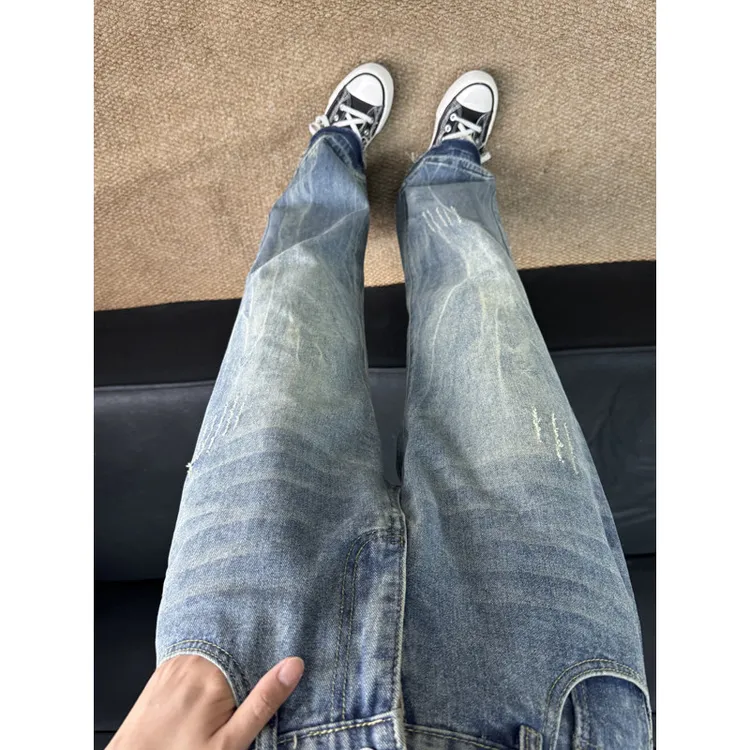 蓝色猫爪痕微喇牛仔裤男款美式高街cleanfit裤子闪电纹窄版直筒裤