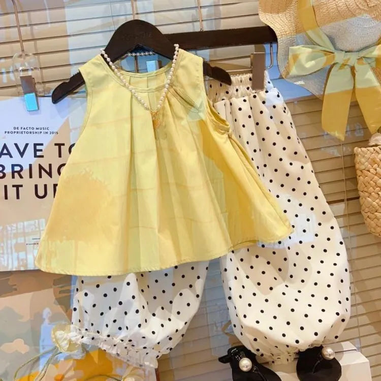 夏季新款女童凉爽套装儿童韩版洋气休闲无袖背心圆点灯笼裤两件套