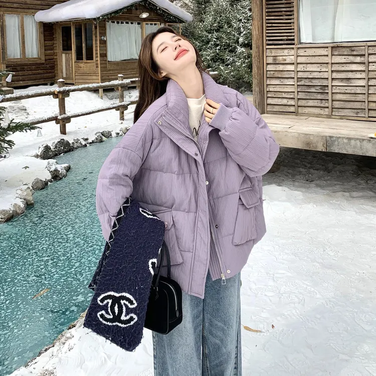 紫色韩系宽松防风外套女2025年冬季新款时尚加厚保暖白鸭绒外套