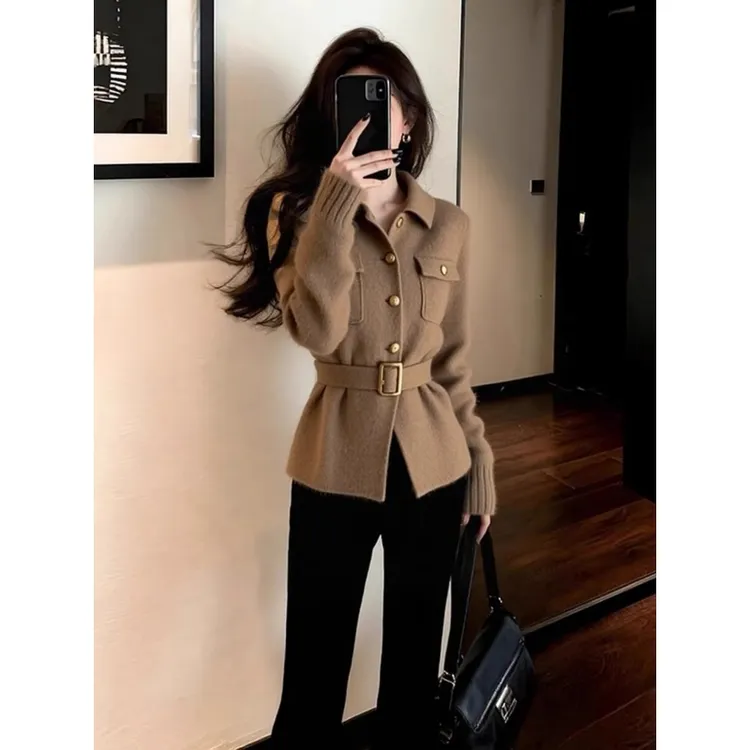 小香风轻奢气质减龄棕色毛衣外套女2025冬高级感时尚收腰系带上衣