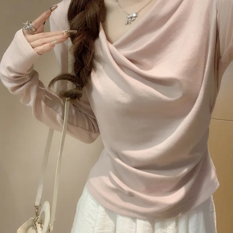 气质抽绳夏季开叉欣旺莫代尔秋冬纯欲时尚粉色蓝色恤不规则短上衣