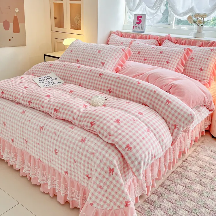 冬季加厚牛奶绒床盖四件套床上用品夹棉韩版防静电毛绒公主风床品
