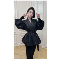 LYXJ【漫步香榭】宽松落肩袖短外套黑色翻折领设计外套12611