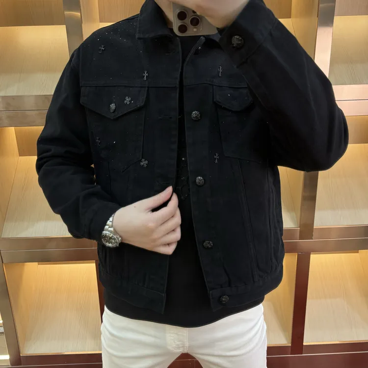 男士翻领牛仔烫钻微阔满天星夹克春秋季男装亮片港风5566