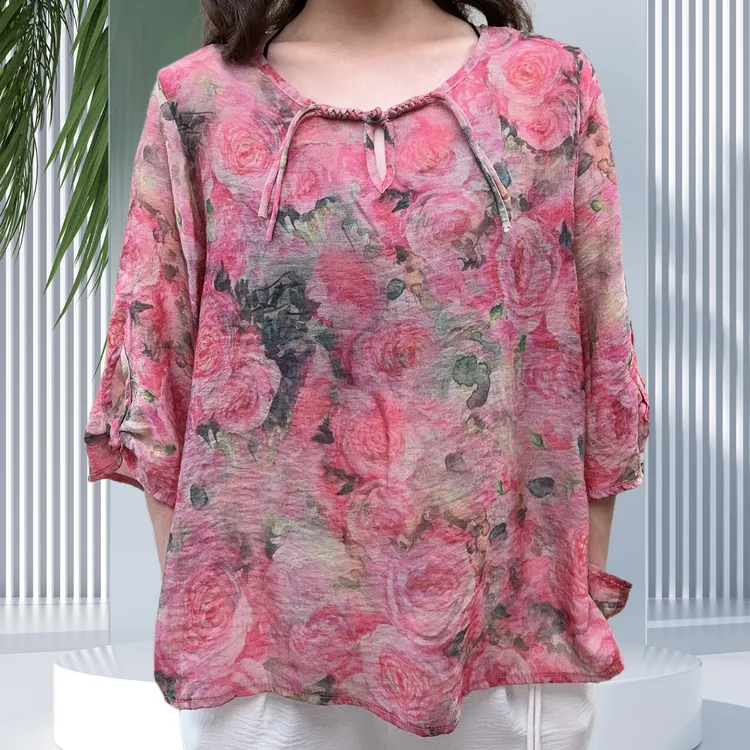 夏季新款宽松中袖盘扣流苏国风小花衫