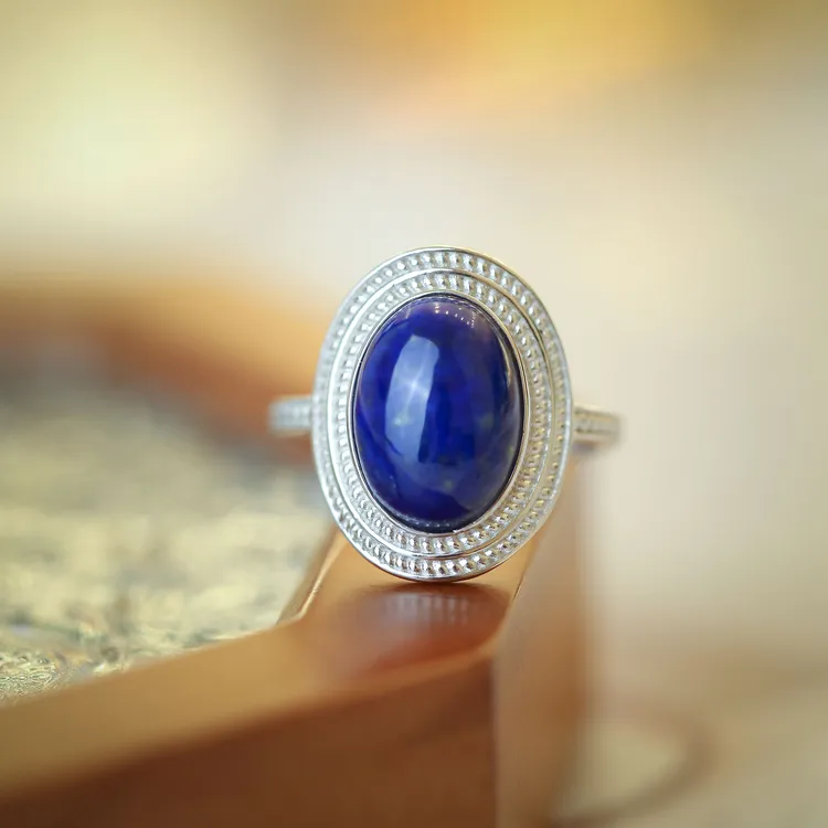 青金石戒指椭圆麻花边帝王复古宫廷新中式S925镀金镶嵌