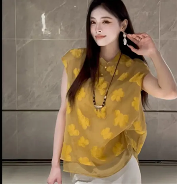 新中式国风TTG盘扣设计复古提花接拼欧根纱无袖背心衬衫衬衣