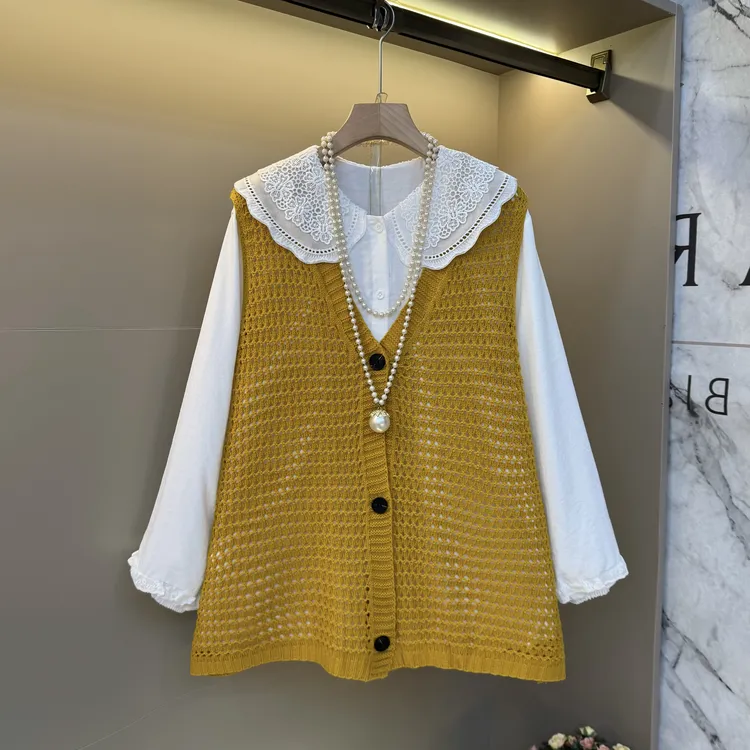新款早秋款2025时尚镂空针织马甲+娃娃领长袖衬衫显瘦两件套1769