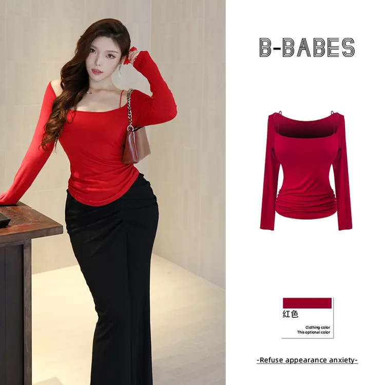 B-babes【傍晚云霞】大码辣妹露肩带胸垫修身长袖T恤绝美内搭上衣