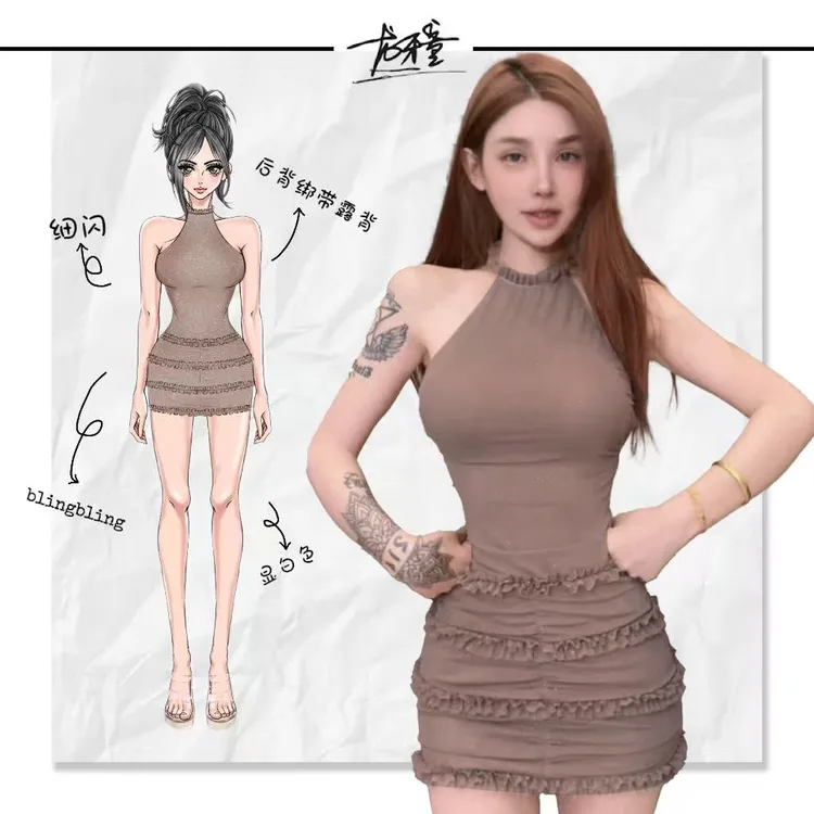 龙牙童推荐【古希腊】显瘦辣妹性感夏季显白修身挂脖褶皱露背细闪