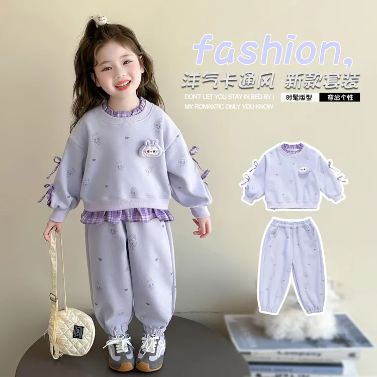 女童新款套装秋季新款洋气儿童卡通卫衣秋装时髦女宝宝两件套韩版