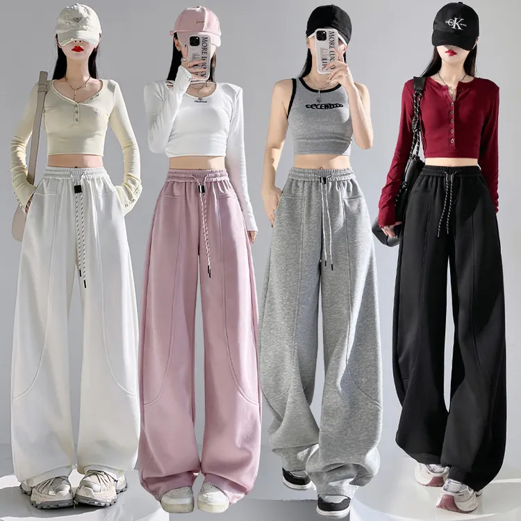 实拍2025秋季新款美式运动白色香蕉阔腿裤女休闲宽松弯朷镰朷卫裤