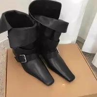软皮版~秋冬新款方头粗跟短靴女软皮套筒皮带扣翻折裤管靴西部靴