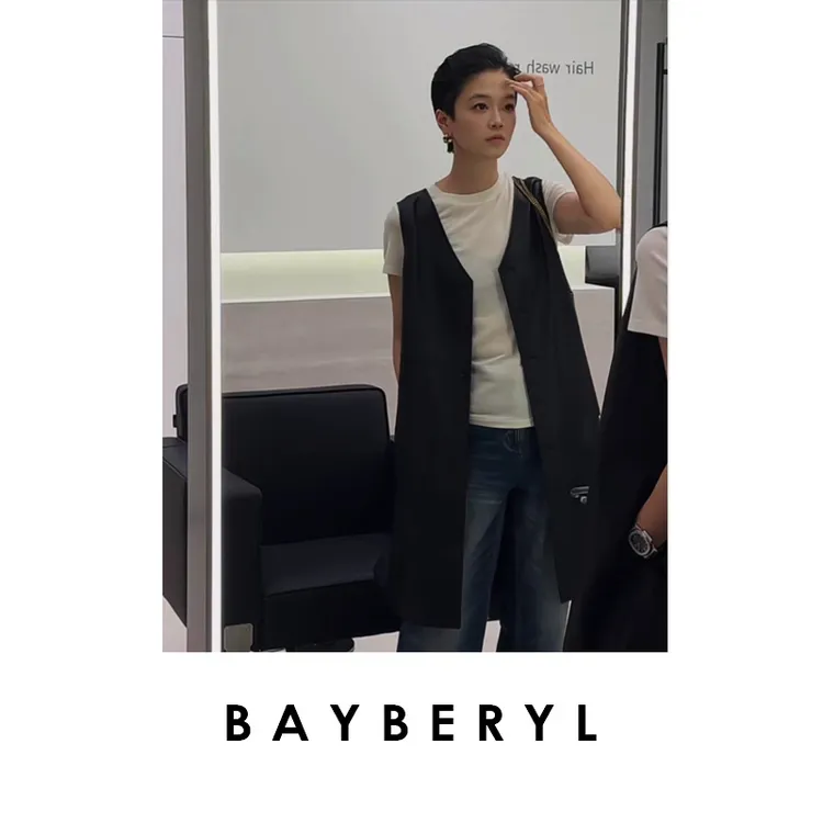 BAYBERYL老贝马甲裙*两穿黑简约V领单排扣秋无袖裙DR5I0511-10/2
