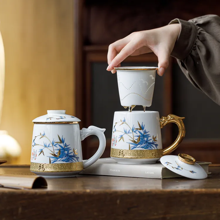 高端羊脂玉瓷办公杯水杯茶水分离陶瓷泡茶杯子马克杯高档礼品定制