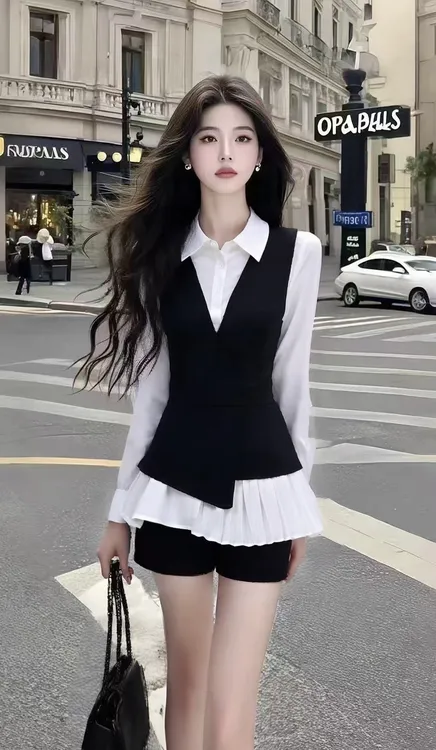 新款高端大气撞色拼接长袖衬衫上衣+黑色百搭显瘦短裤女两件套