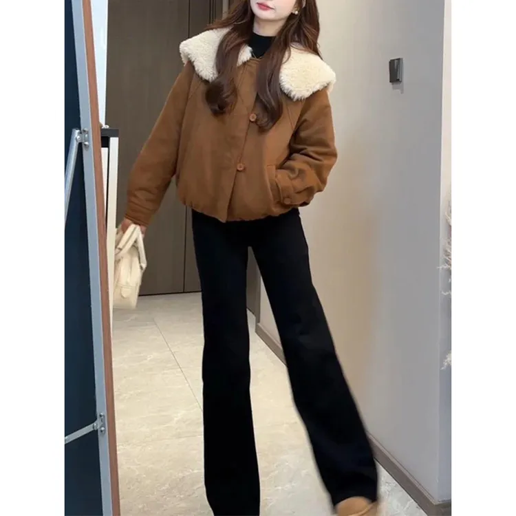 慵懒风毛毛拼接大翻领外套女秋冬新款高级感加绒加厚保暖夹克上衣