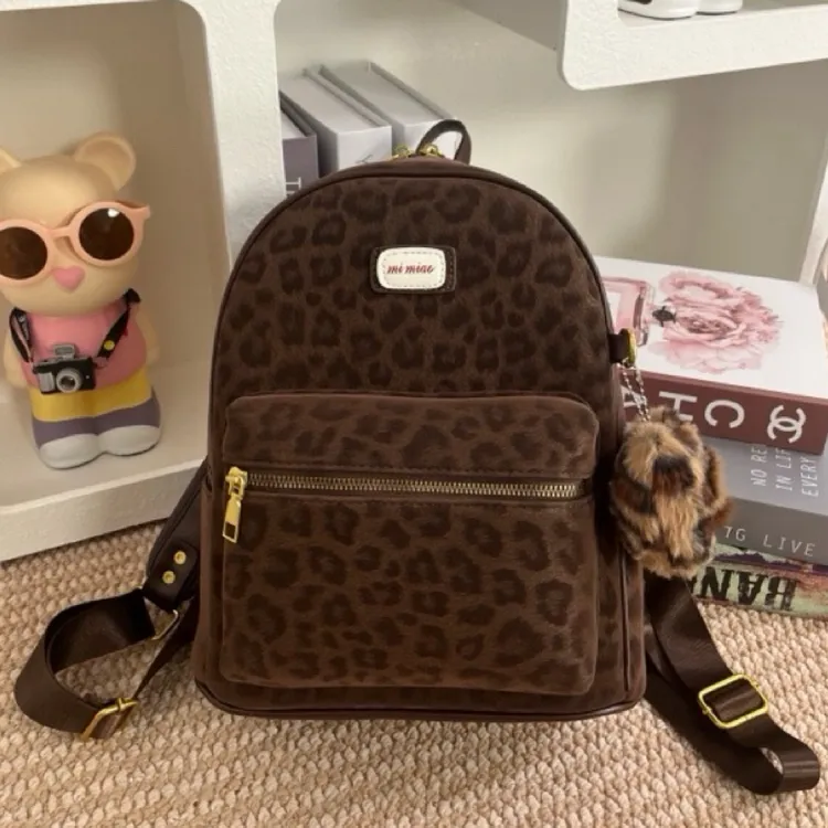 早秋琥珀风豹纹细闪ins百搭小众洋气休闲学生复古双肩包