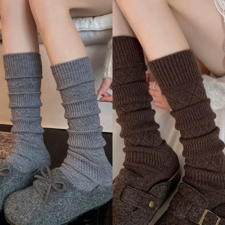 秋冬保暖针织毛线小腿袜纹理复古时尚百搭ins堆堆长筒袜子女