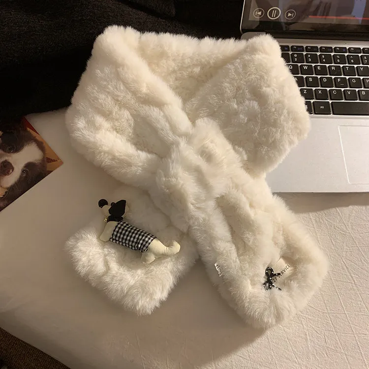 韩版可爱小狗毛绒交叉围脖女2025新款秋冬季加厚保暖百搭护颈围巾