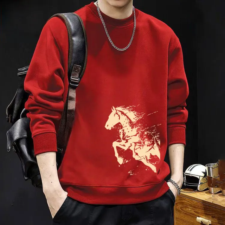 新款男士马年红色圆领印花加绒卫衣秋冬潮流宽松百搭长袖冬季国潮