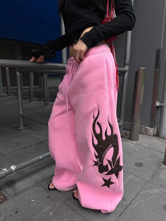 美式设计感火焰印花街舞卫裤女2025秋冬新款加厚宽松休闲运动长裤